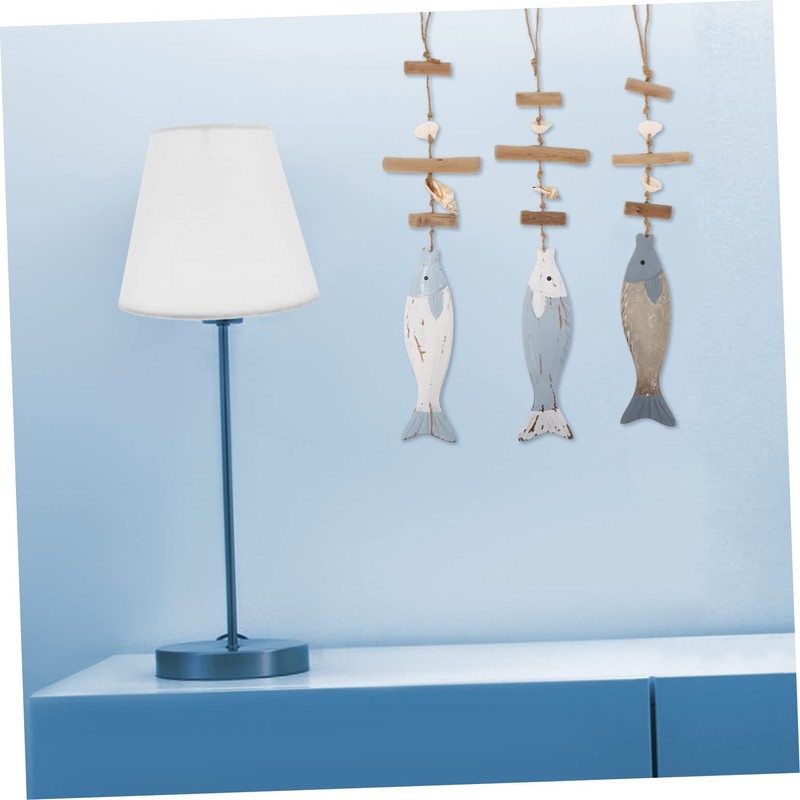 Ciieeo 3Pcs Mediterranean Wood Fish Hanging Pendant Sculpture Nautical Decor