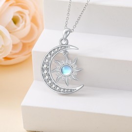 QKABTI Crescent Moon Sun Necklace 925 Sterling Silver Dainty Moonstone Pendant Necklaces Celestial Jewelry Birthday Gifts for Women