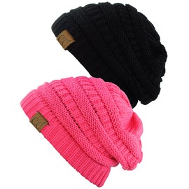 C.C Trendy Warm Chunky Soft Stretch Cable Knit Beanie Skully, 2 Pack Black/Candy Pink