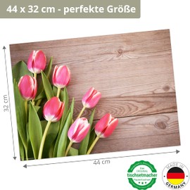 Place Mat Set - Pink Tulips on Wooden Table - Pack of 12 Made in Germany, 44 x 32 cm Made of Special Natural Paper in Storage Folder - The Special Table Decoration for Spring, Easter and Flowers