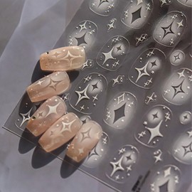 JMEOWIO 3D Nagelsticker Weißer Stern Nail Art Sticker Selbstklebend Nagelaufkleber 5D Stereoskopisch Dekoration Nageldesign Zubehör 1 Blatt