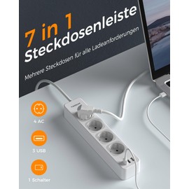 TESSAN 4 Fach Steckdosenleiste mit USB, 3 USB Mehrfachsteckdose mit Schalter, 7 in 1 Mehrfachstecker Verlängerungskabel 2m, 3600W Verteilersteckdose Steckerleiste mit USB, Mehrfachsteckdose mit USB