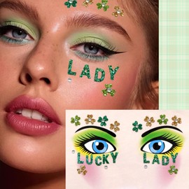 1 Sheet St. Patrick's Day Face Gems Lucky Lady Face Jewels Stick on Face Glitter Clover Eye Gems Face Stickers for Women, Body Eyes Face Tattoos Sticker for St. Patrick's Day Party Festival Accessory