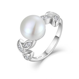 FATACI Women Pearl Ring,925 Sterling Silver Cubic Zirconia Leaf Ring with 10MM Cultured Freshwater Pearl for Women Wedding promise rings for her Size 11