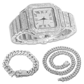 Halukakah Men's Watch - The King - Platinum Plated, 40MM Square Dial, Diamonds Iced Out Wristband, with Cuban Link Chain Necklace Bracelet, Comes in Giftbox, Present for Boyfriend Husband