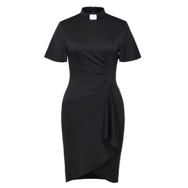 Womens Church Clergy Mass Dress Flare Sleeve Waist Pleated Flower Bud Pencil Dress with Tab Collar