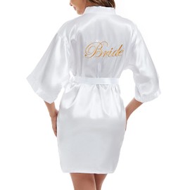 Xuepelit Bride Dressing Gown Women's Kimono Satin Bathrobe Lightweight Japanese Wedding Bathrobes Pyjamas Short, Bride-White