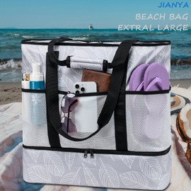 JIANYA Beach Bag XL Women Waterproof Beach Tote Pool Bags with Cooler Sandproof Beach Essentials for Beach Vacation Travel, Linear leaf - Grey