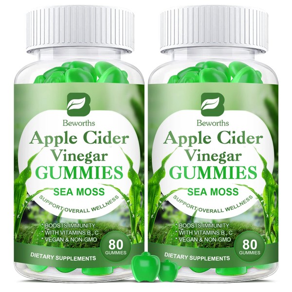 B BEWORTHS Apple Cider Vinegar & Sea Moss Gummies, 2 Pack -Organic ACV Gummies with Mother Supplement Supports Immune, Digestive Health for Adults & Kids, Seamoss Gummy with Vitamin B6 B9, B12
