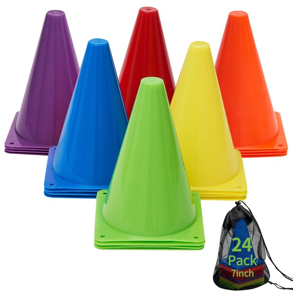 MIVERYEA Cones Sports for Kids Small Training Cones Set for Soccer Practice 24 Pack 7 Inch Agility Field Marker for Football Basketball Drills Plastic Baseball Cone