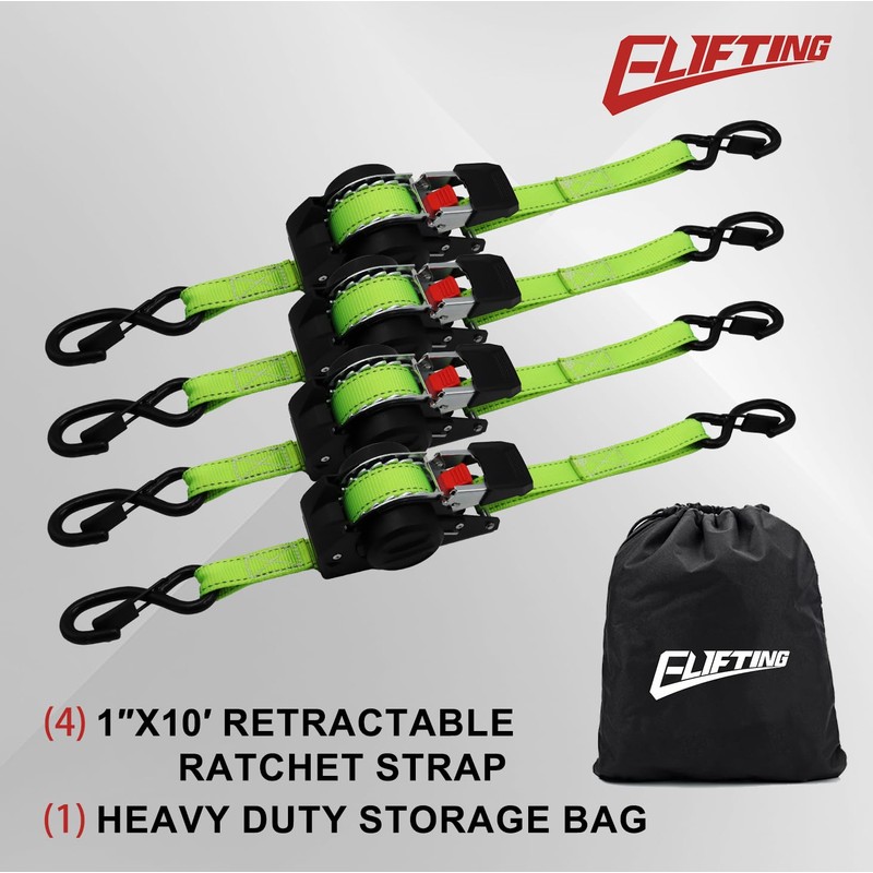 ELIFTING Retractable Ratchet Straps/Slow Retraction 4-Pk, 1" x10ft (1650 lbs