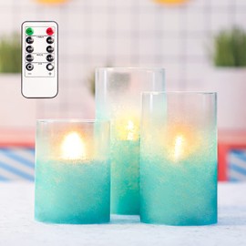Crystal Club Flickering Flameless Candles with Timer, Real Wax Glass Effect Sandblast Candles, Battery Operated Ocean Theme LED Candles with Remote for Bathroom, Bedroom, Table Decoration