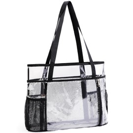 TINYAT Clear Beach Bag for Women Large Mesh Tote Bag with Waterproof Zipper Pocket See Through Shoulder Bag for Vacation Swim