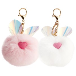 Melbelia Faux Fur Ball Pom Pom Keychain with Rabbit Ears, Car Key Ring, Soft Cute Keychains for Women/Girls, Handbag Accessory Hook Pendant(2 Pack)