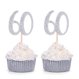 Set of 24 Silver Number 60 60th Birthday Cupcake Toppers Celebrating Anniversary Party Decors - Giuffi