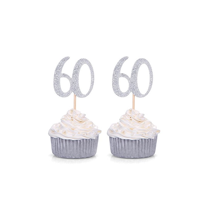 Set of 24 Silver Number 60 60th Birthday Cupcake Toppers