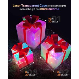 3pcs Christmas Lighted Gift Boxes, 20 Light Modes, DIY Colors Changing, Music Sync, Timer, Light Up 78 LEDs Dazzling Transparent Case Christmas Decor for Indoor Outdoor Yard Home, 6/8/10 inch