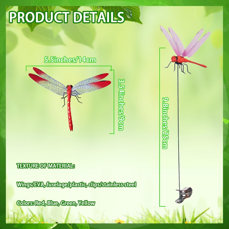 4Pcs Large Size 3D Simulation Dragonfly Outdoor Decoration Dragonfly Clip