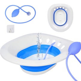 PRIDKEN Sitz Bath for Hemorrhoids, Sitz Bath for Toilet Seat, Sitz Bath for Postpartum Care,Collapsible Sits Bath Kit for Women,Easy to Store,Flusher Hose,Wide Seat,Deeper Bowl (Manual Blue)