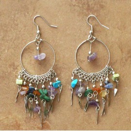 Wanderlust Semi-Precious Gemstone Chip Dangle Hoop Earrings - Peruvian Jewelry- Multi Color