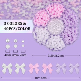 1 Box 3D Bow Nail Charms and Flatback Pearls Set 3, 120 Pcs Cute Bow Charms for Nail Design + 2-4mm White Nail Pearls with Pickup Tweezer and Pencil for Nail Art Decoration