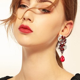 Clearine Wedding Bridal Dangle Earrings for Women Bohemian Boho Crystal Flower Chandelier Teardrop Bling Earrings Ruby Color Gold-Tone