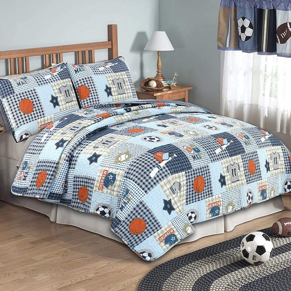Cozy Line Home Fashions Blue Sports Baseball Basketball Soccer Ball Football Quilt Set Bedspread Coverlet for Boys Kids (Sport, Twin - 2 Piece)
