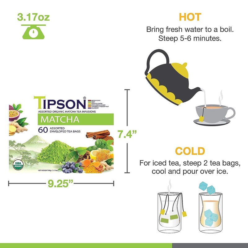 Tipson Organic Matcha Variety Sampler - 6 Flavors (60 Tea