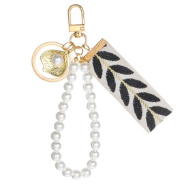 MBAIYO Embroidered Fabric Wristlet Keychain, Faux Pearl Ribbon Cell Phone Pendant Strap Wristlet Leaf Pattern Conch Boho Car Key Holder Pearl-Shell Shaped Pendant Key Fobs Wristband for Women