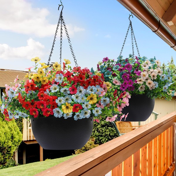 Qubigko Artificial Hanging Flowers Basket for Outdoors, 2-Pack Hanging Planters