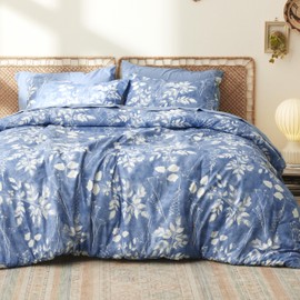 Bedsure Blue Full Comforter Set - 7 Pieces Floral Bedding Sets Full Bed in a Bag with Reversible Botanical Flowers Comforter, Sheets, Pillowcases & Shams