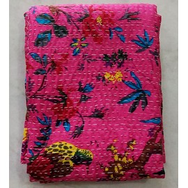 Bhagyashri Fashions Indian Handmade Cotton Pink Bird Print Kantha Quilt Twin Tribal Bed Cover Reversible Bedspread Blanket Picnic Throw Floral Coverlet 90x60 Inches