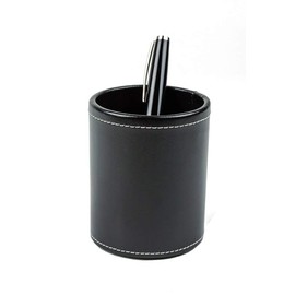 DELMON VARONE - Pen Holder Made of Cambridge Top Grain Leather, Black, Genuine Leather Pen Cup with PU Inner Lining and Non-Slip Fleece Base, Elegant Pen Holder Round for Desk and Office