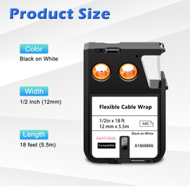 Esaytool 4 X Compatible with Dymo Rhino XTL Flexible Cable Wrap Label Tape 1868806 A1868806 Black on White 12mm 1/2 inch x 18 Feet Replacement for Rhino XTL-300 XTL-500 Label Maker