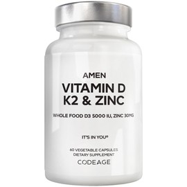 Amen Vitamin D, K2 & Zinc, Cholecalciferol D3 5000 IU, Organic Whole Food Blend with Apple, Blueberry, Cranberry, Elderberry Powder Fruits, Vegan Supplement, D3 K2 Vitamins, Non-GMO - 60 Capsules