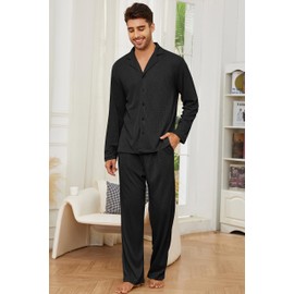 Andeip Pajamas for Men Soft Waffle Knit Loungewear Set Long Sleeve and Pants Sleepwear for Men Lightweight Matching Loungwear Black M