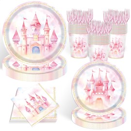 AXWATDEI 120PCS Princess Castle Birthday Party Dinner Plates 9" Dessert Plates 7" Cups Napkins Forks Decorations Set, Watercolor Fairytale Princess Tableware Supplies Serve 24 Guests