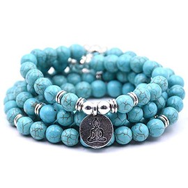 Self-Discovery Natural 108 Mala Beads Bracelet Necklace Meditation Jewelry with Yoga Charm (Green Turquoise)