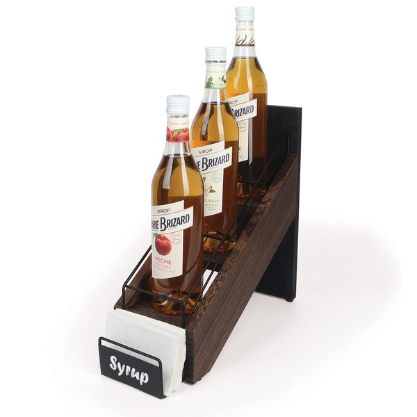 J JACKCUBE DESIGN Rustic Wood Syrup Bottle Holder, Wire 3 Compartment Shelf Organizer Rack, Storage for Syrup, Wine Bottles, Dressings, Juice and Napkins -MK710A (Rustic Wood)
