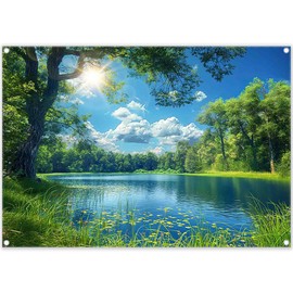 ZTHMOE Fabric 7x5ft Lake Natural Scenery Backdrop River Forest Tree Blue Sky Background Picnic Camping Hiking Spring Outdoor Party Decorations Photoshoot Banner Props