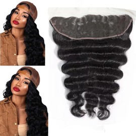 Nicewig 13 x 4 Lace Frontal Closure Body Loose Wave Ear to Ear HD Lace Front Closure Pre Plucked 16 Inch Raw Human Hair Closures Free Part 150% Density Natural Black Color