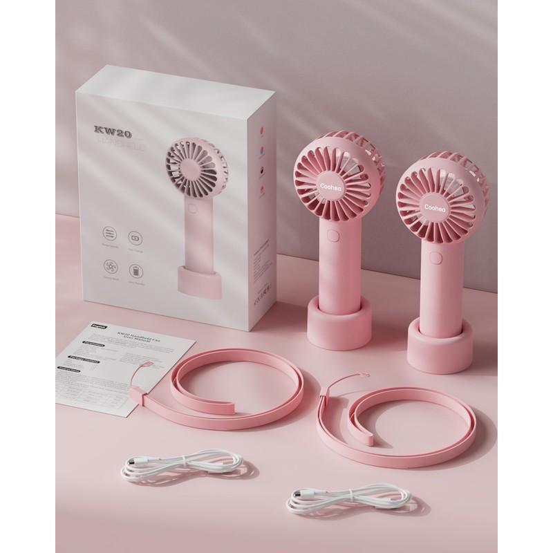Coohea 2-Pack Pink Handheld Fan, Small Cute Design, 3 Powerful