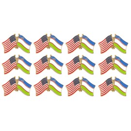 Box of 12 Uzbekistan & US Crossed Double Flag Lapel Pins, Country Flag & American Flag Friendship Tie Pin Badges