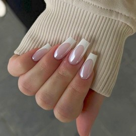 White Chrome French Tip False Nails Long, SXVME Glazed French Press On Nails Coffin, Glitter Shine Fake Nails Glue on Nails Short Cute, Acrylic Stick on Nails for Women Daily & Party Wear