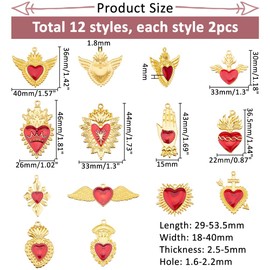 Hobbspring 24pcs Gothic Heart Charm 12 Styles Golden Sacred Heart Charms Enamel Alloy Red Wing Arrow Love Charm for Jewelry Necklace Bracelets Earrings Making DIY Crafts