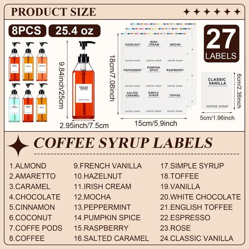 Nuogo 8 Pcs Coffee Syrup Bottles 25.4 Oz/750ml Syrup Pump