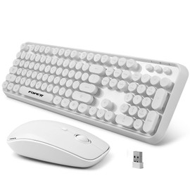 FOPETT Wireless Keyboard and Mouse Combo - 2.4G Full-Sized White Keyboard with Round Keycaps 104 Keys Typewriter Keyboard for Laptop/Windows/PC - White