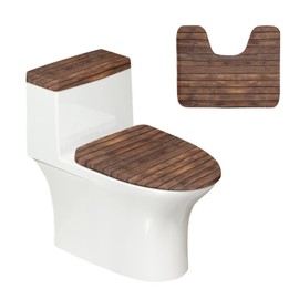 Wood Toilet Seat Cover and U Shaped Rug 3 Pcs Vintage Wooden Print Bathroom Decor Soft Stretchable Universal Toilet Lid Tank Cover and Soft Mat Washable Fit Round and Elongated Toilets