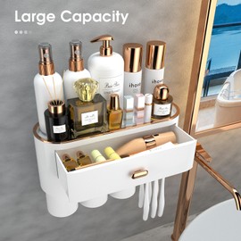 iHave Toothbrush Holders for Bathrooms, 3 Cups Toothbrush Holder Wall Mounted with Large Capacity Drawer and Tray - Bathroom Organizer & Bathroom Organization and Storage