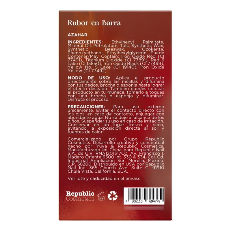 Rubor En Barra Tono Azahar 8g Yuya 100% Original Vino
